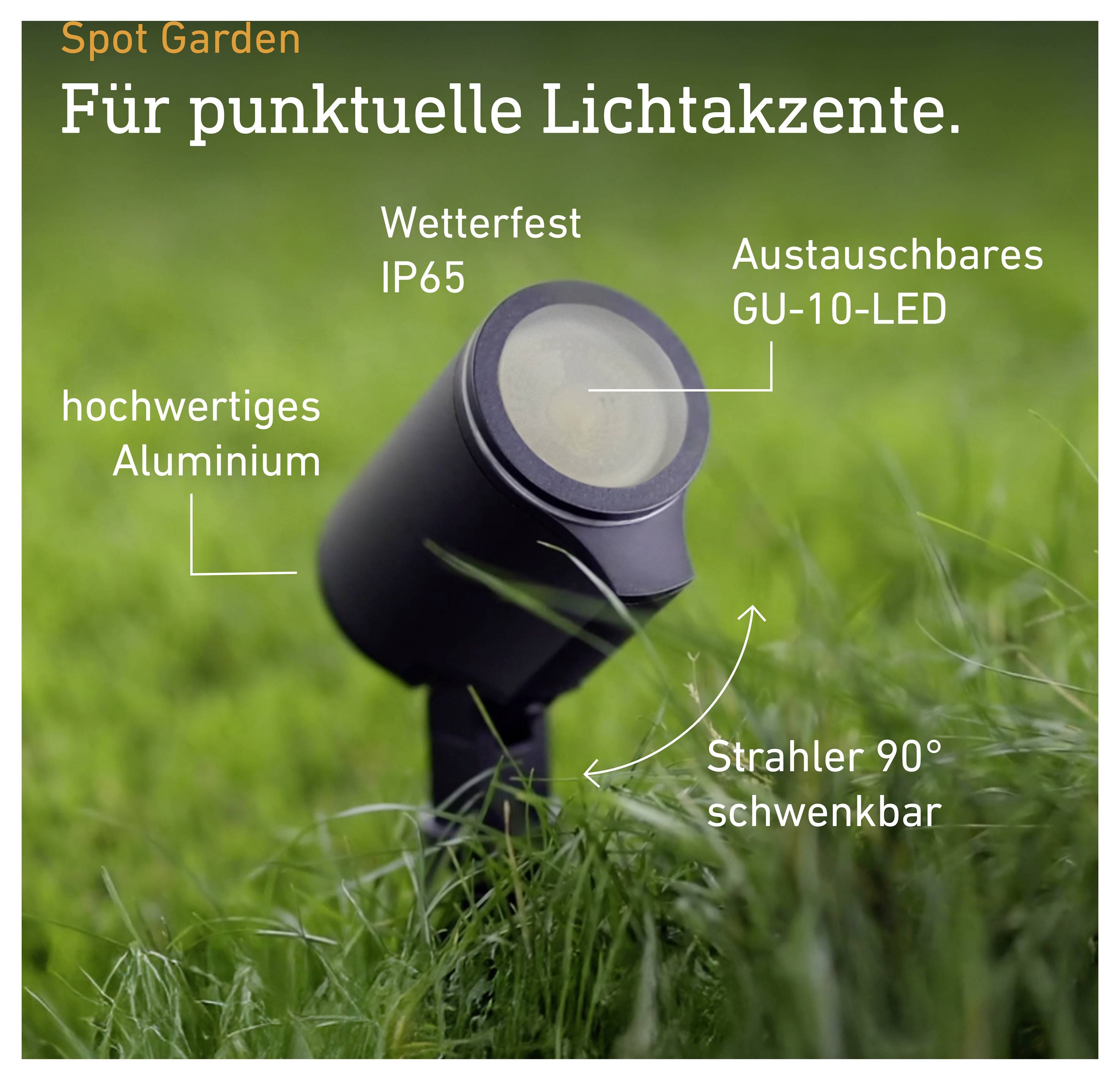 Spot-Garden-Gartenstrahler für punktuelle Lichtakzente, wetterfest IP65, aus Aluminium, mit austauschbarer GU-10-LED und 90° schwenkbar.