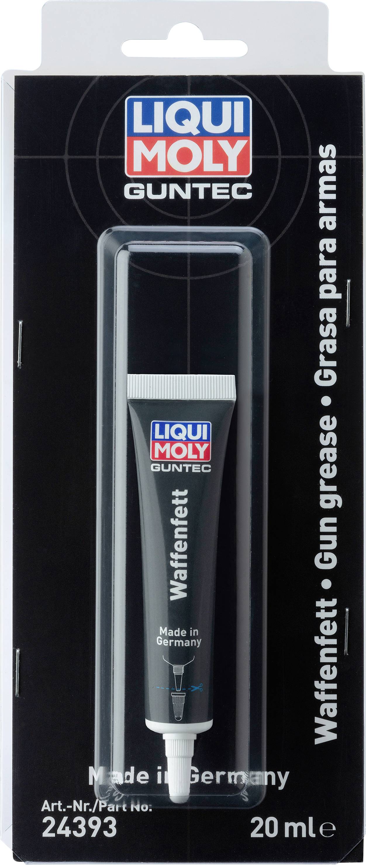 'Liqui Moly Guntec Waffenfett' Verpackung mit einer 20 ml Tube, auf der 'Made in Germany' steht. Enthält Waffenpflegemittel.