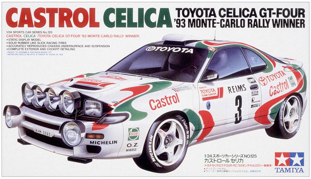 Abbildung eines Toyota Celica GT-Four im Rally-Design mit Castrol-Werbung auf der Motorhaube; Gewinner der Monte-Carlo Rallye 1993.
