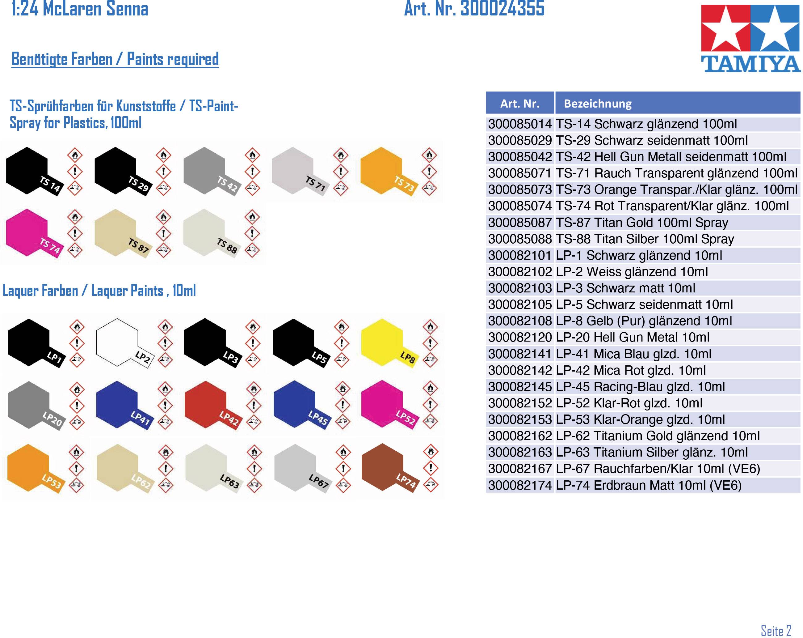 'McLaren Senna: Benötigte Farben und Sprays für Lackierung.' Liste mit Artikeln und Farbkodierungen in hexagonalen Farbfeldern.