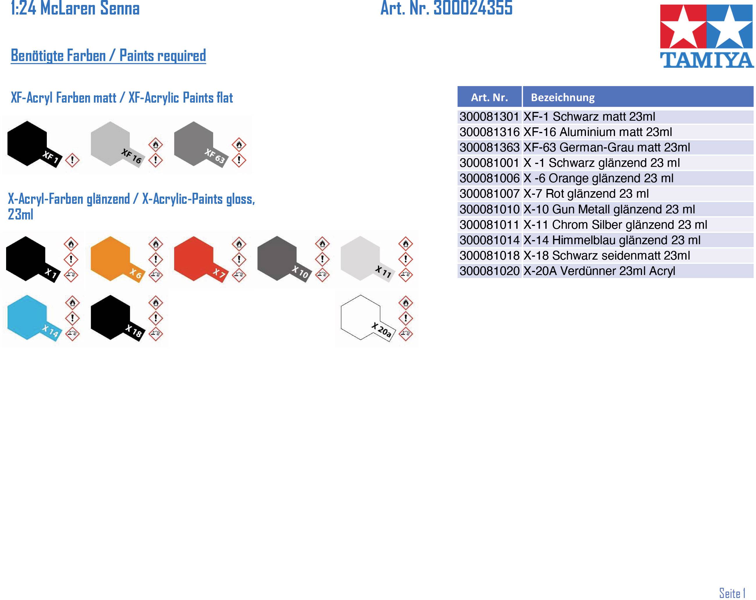 Übersicht benötigter Farben für Modellbau McLaren Senna: Sechs matte, vier glänzende Acrylfarben und ein Verdünner.