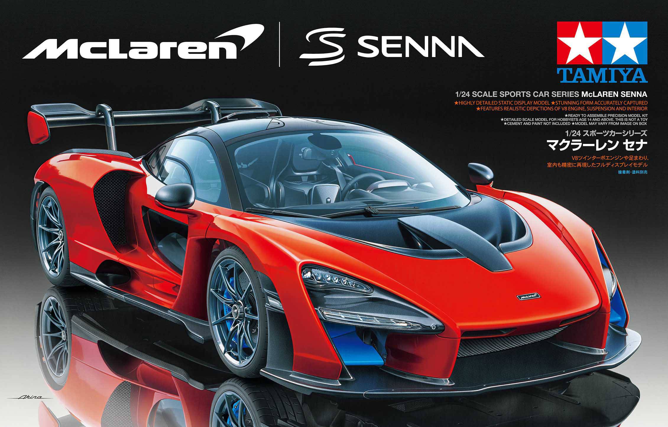 'McLaren Senna Modellauto', rot-schwarz, seitliche Ansicht. Logos von McLaren, Senna und Tamiya darüber. Asiatische Schriftzeichen vorhanden.