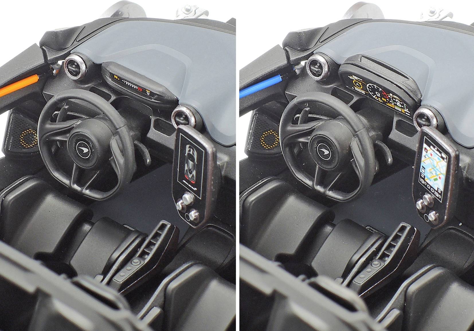 Lenkrad-Designvergleich: links einfaches Display und Bedienelemente, rechts farbiges Display mit Navigationssystem und Instrumentenanzeigen.