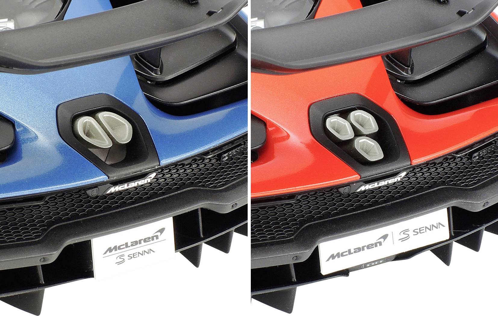 Zwei Detailaufnahmen eines McLaren Senna: Links blau, rechts rot. Beide zeigen den gleichen Bereich mit markanten Lüftungselementen.
