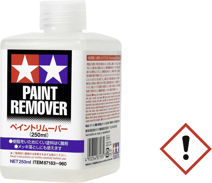 Behälter mit 'Paint Remover' Etikett, Volumen 250 ml. Warnhinweis: Entzündlich und reizend. Quadratisches Gefahrensymbol mit Ausrufezeichen.