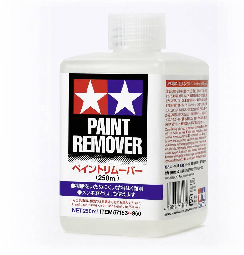 Flasche 'Paint Remover' mit rotem Verschluss, 250 ml. Enthält Informationen und Warnhinweise in mehreren Sprachen. Markenlogo oben.
