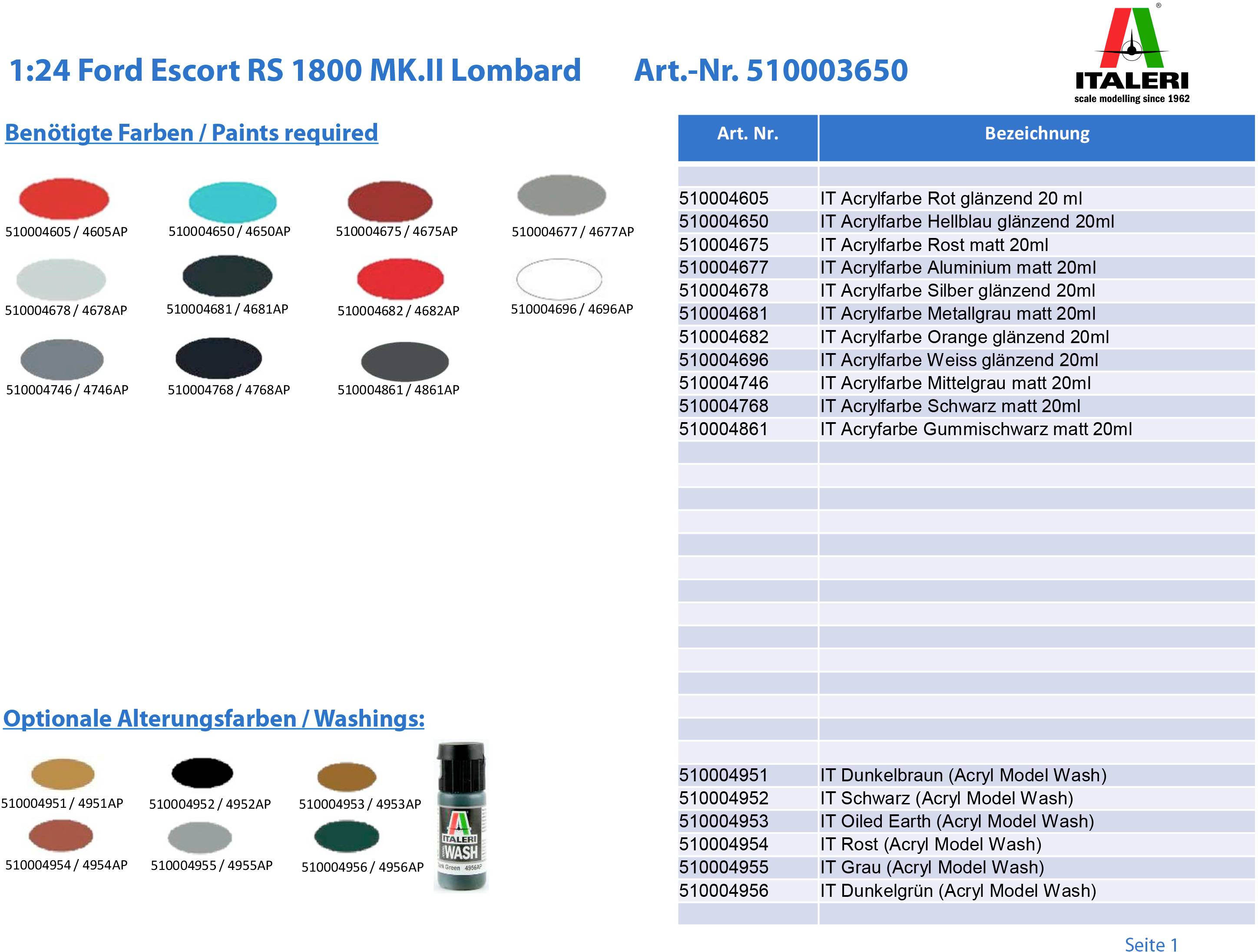 Italeri 3650 Ford Escort RS 1800 MK.II Lombard Automodell Bausatz 1:24