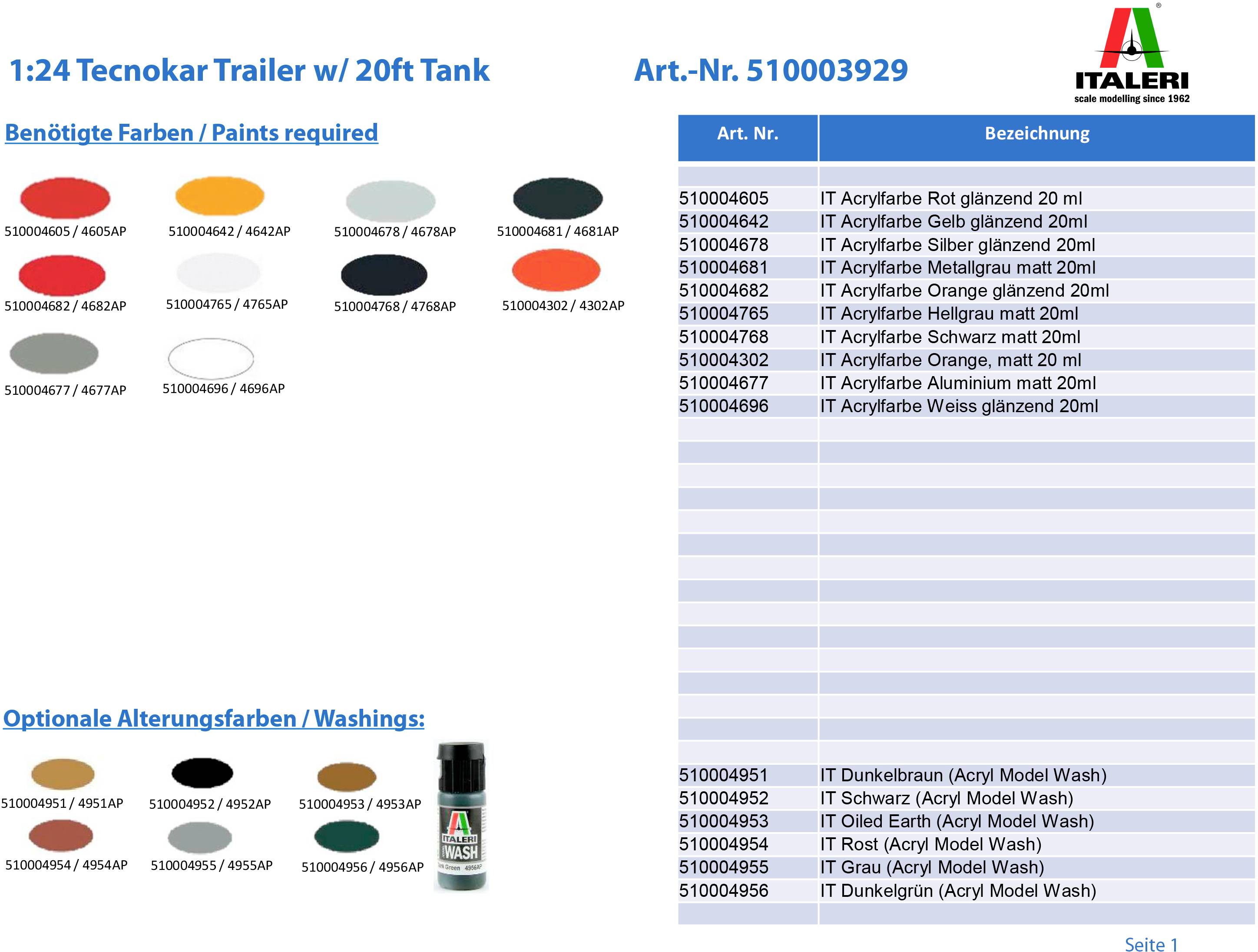 Italeri 3929 Tecnokar Trailer w/ 20ft Tank Truckmodell Bausatz 1:24