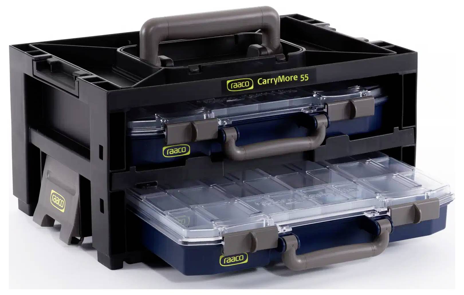 Gestapelte schwarze und blaue Raaco CarryMore 55 Aufbewahrungswerkzeugkiste mit klaren Frontfächern und Tragegriff