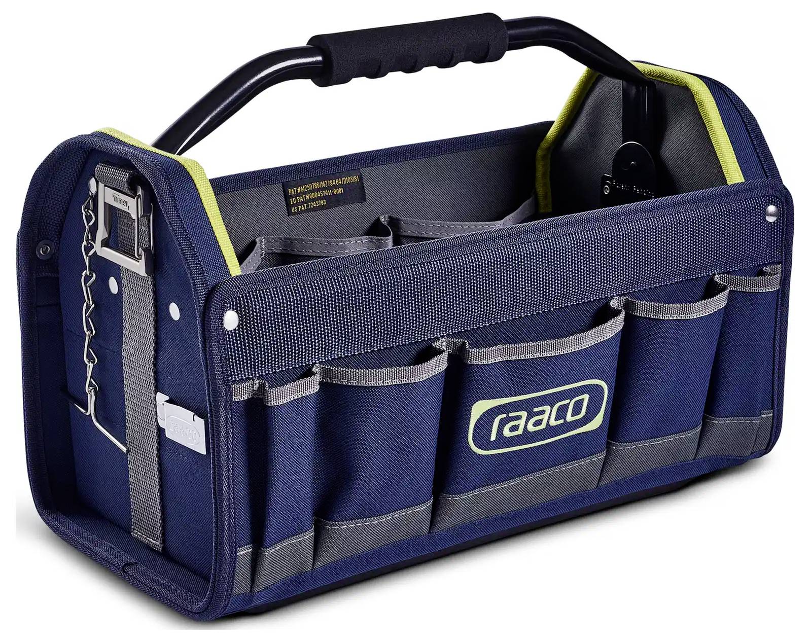 Eine blaue Werkzeugtasche mit Griff, mehreren Taschen und Schultergurt, mit der Marke 'raaco' gekennzeichnet zum Organisieren und Transportieren von Werkzeugen.