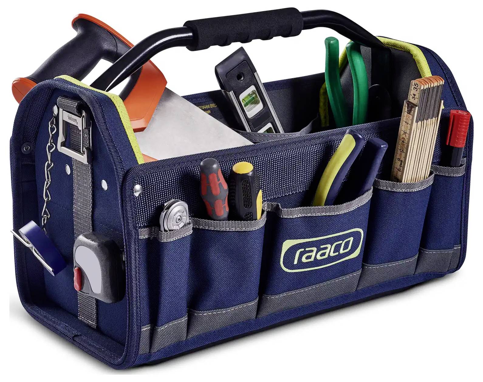 „Blaue Werkzeugtasche mit verschiedenen Werkzeugen, einschließlich Schraubendreher, Zangen, Messlatte und einer Wasserwaage, mit der Marke „raaco
