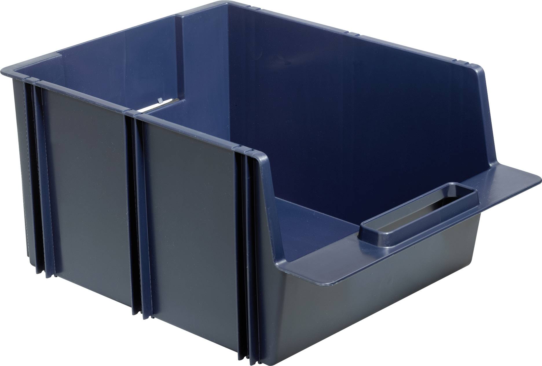 Blaue Aufbewahrungsbox mit offenem Vorderteil und integriertem Griff. Ideal für die Organisation und Lagerung von Gegenständen.