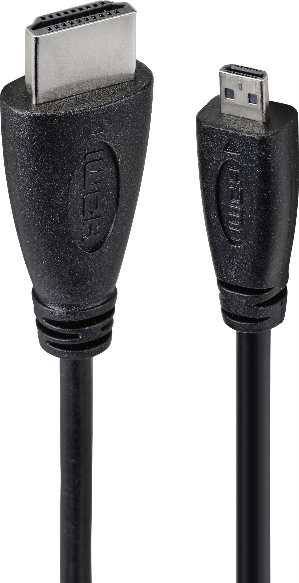Ein HDMI-Kabel mit einem Standard-HDMI-Stecker auf der linken Seite und einem Micro-HDMI-Stecker auf der rechten Seite.