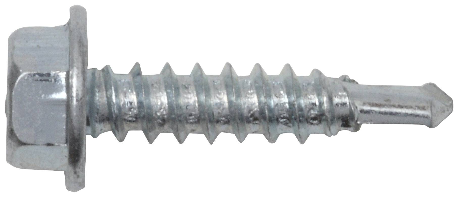 Eine silberne Metallschraube mit Sechskantkopf und spitzem Ende, liegt auf einer flachen Oberfläche.