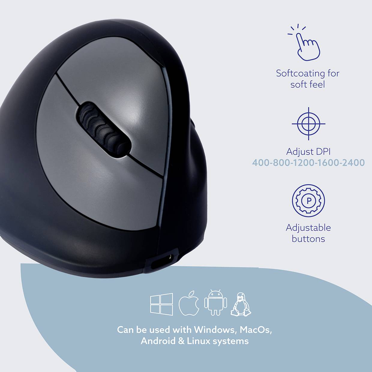 R-GO Tools HE (RGOHELAWL) Ergonomische Maus Funk Größe: L Optisch Schwarz/Silber 5 Tasten 2500 dpi Ergonomisch, Wiederaufladbar, USB-Anschluss, In