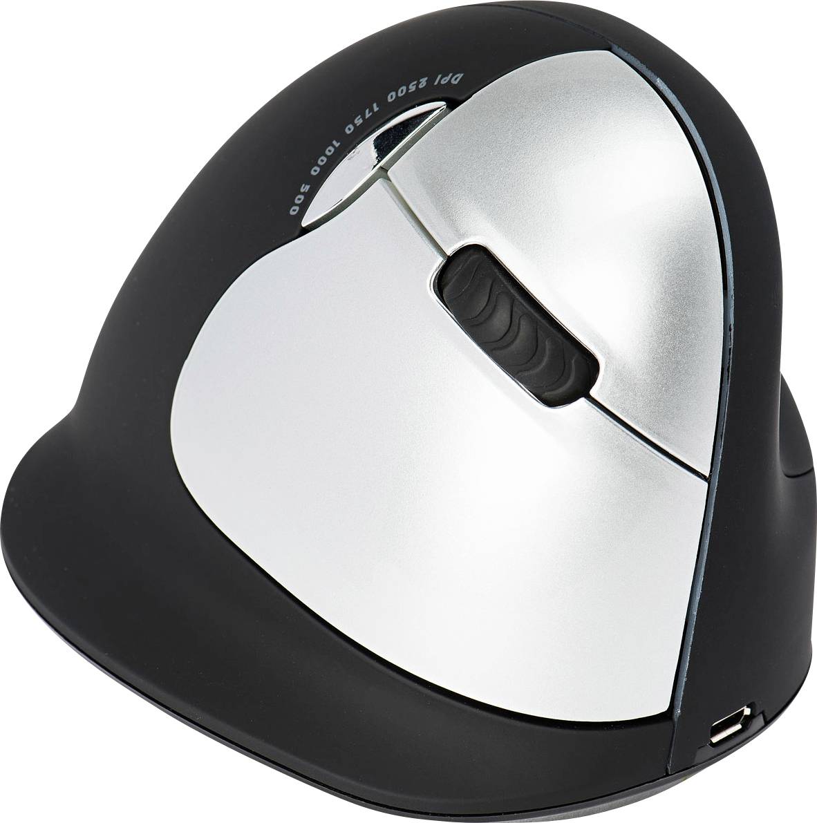 Vertikale ergonomische Maus in Silber und Schwarz, geeignet zur Reduzierung der Handbelastung bei der Computernutzung.