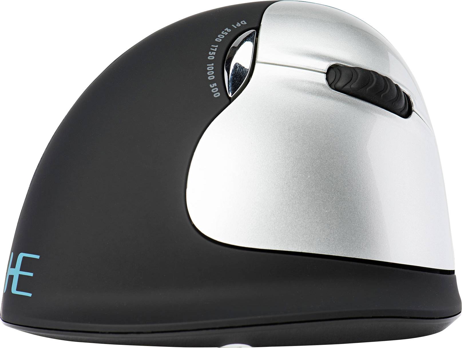 Ergonomische vertikale Computermaus in Schwarz und Silber, seitliche Ansicht, zeigt Tasten und Scrollrad zur Förderung der Handgelenkgesundheit.