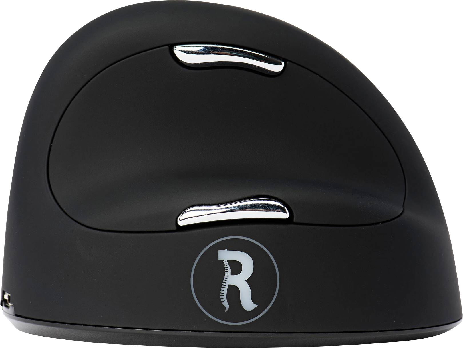 Schwarze, ergonomische Maus mit vertikalem Design, zweifachen Metall-Scrollrädern und einem 'R'-Logo mit Rückgrat-Symbol unten.
