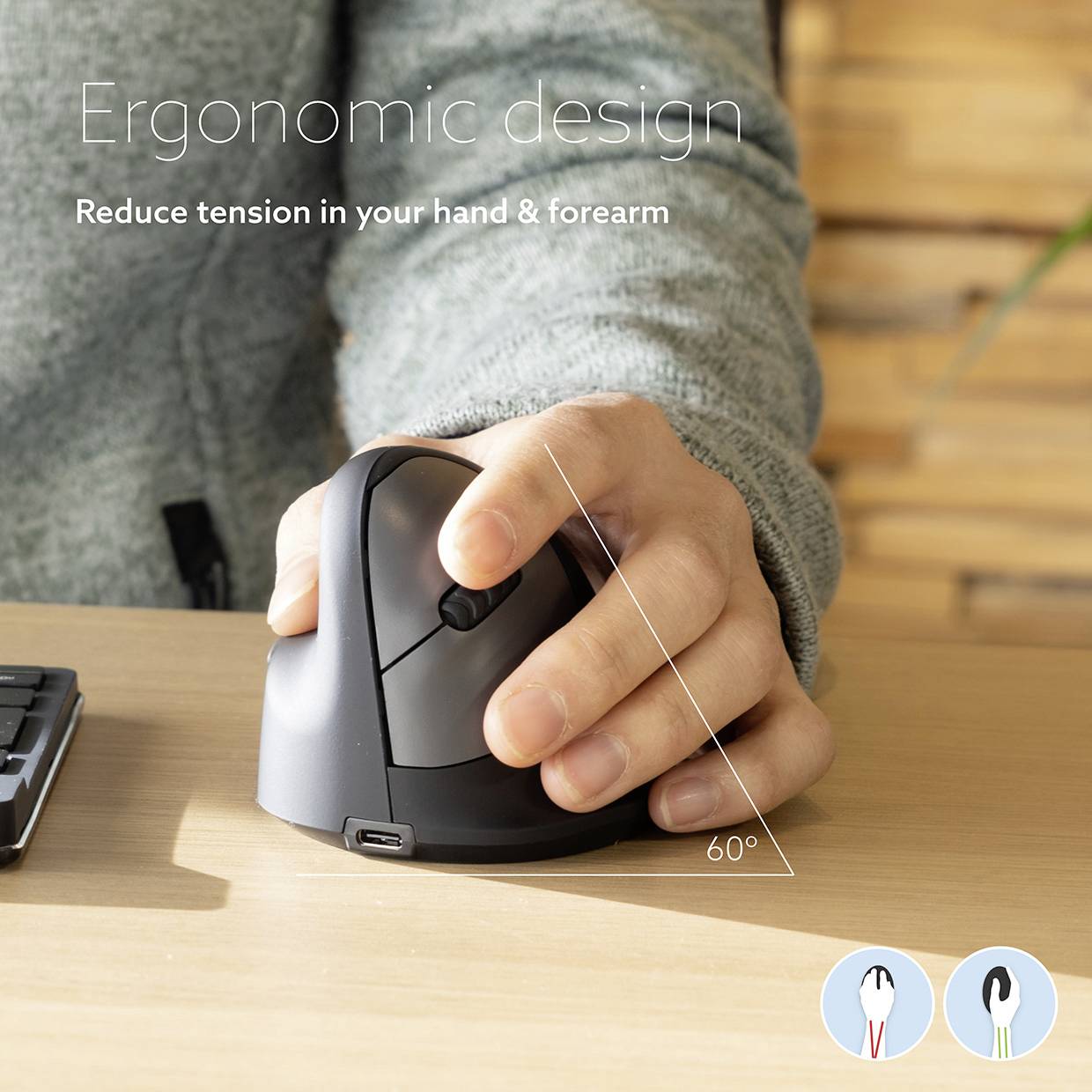 R-GO Tools HE (RGOHELELAWL) Ergonomische Maus Funk Größe: L Optisch Schwarz/Silber 5 Tasten 2500 dpi Ergonomisch, Wiederaufladbar, USB-Anschluss,
