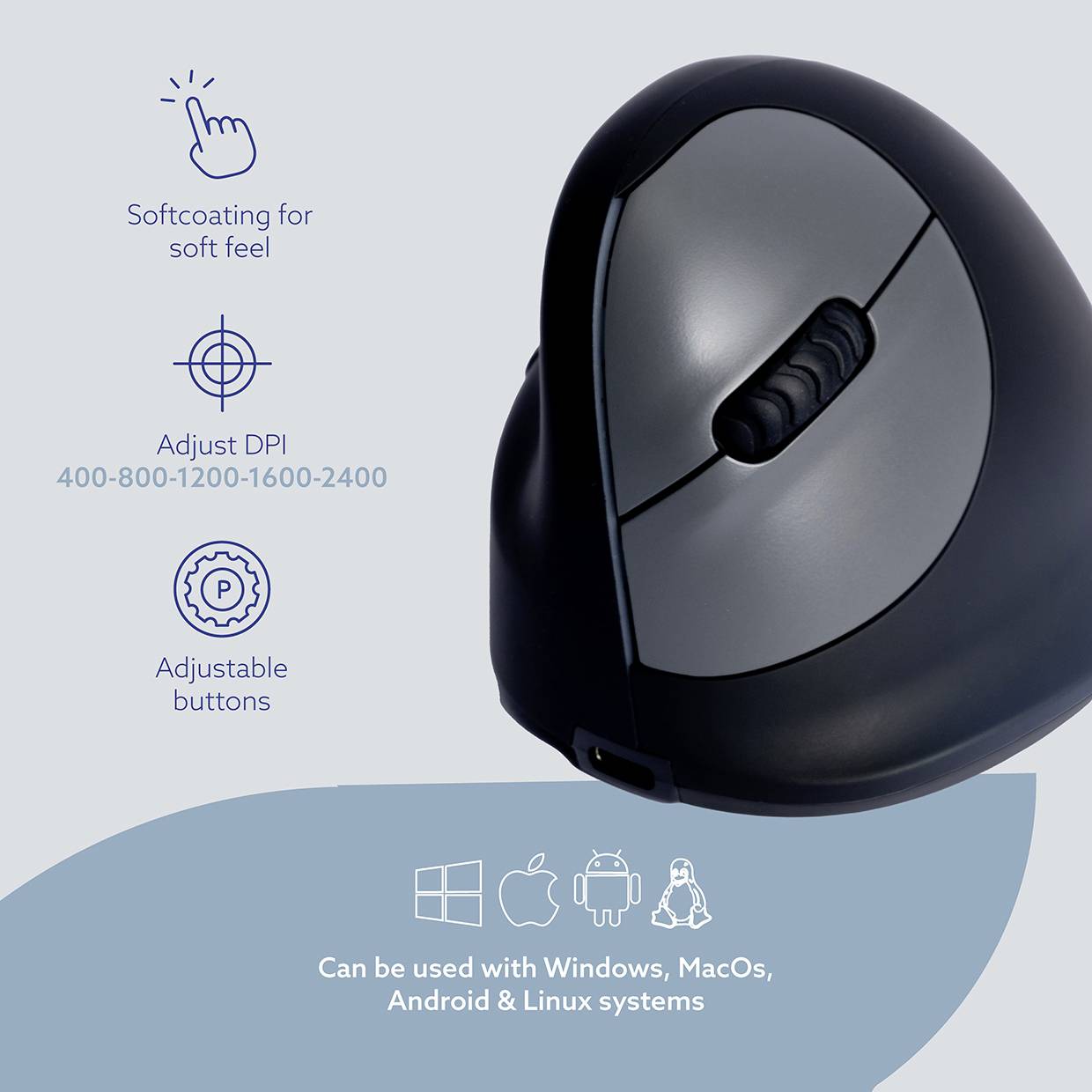 R-GO Tools HE (RGOHELELAWL) Ergonomische Maus Funk Größe: L Optisch Schwarz/Silber 5 Tasten 2500 dpi Ergonomisch, Wiederaufladbar, USB-Anschluss,