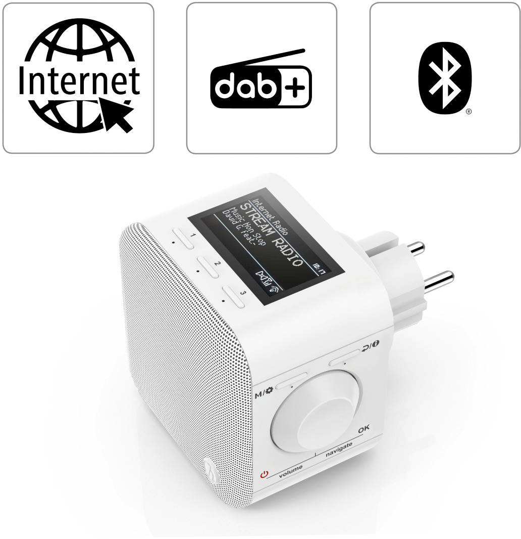 Hama DIR45BT Internet Steckdosenradio Internet, DAB+, DAB, UKW Bluetooth®, USB, WLAN, AUX, Internetradio Weckfunktion Weiß