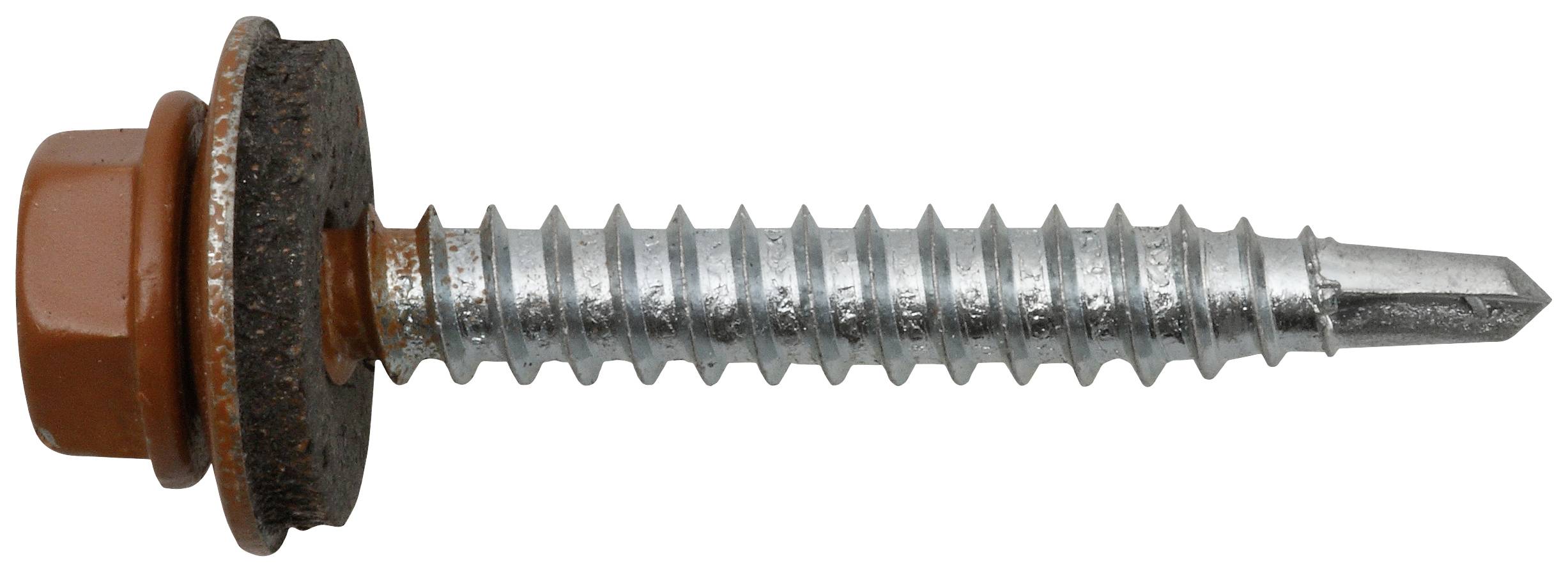 Eine silberne Metalldachschraube mit braunem Kopf und Dichtung, für die Befestigung von Dachmaterialien.