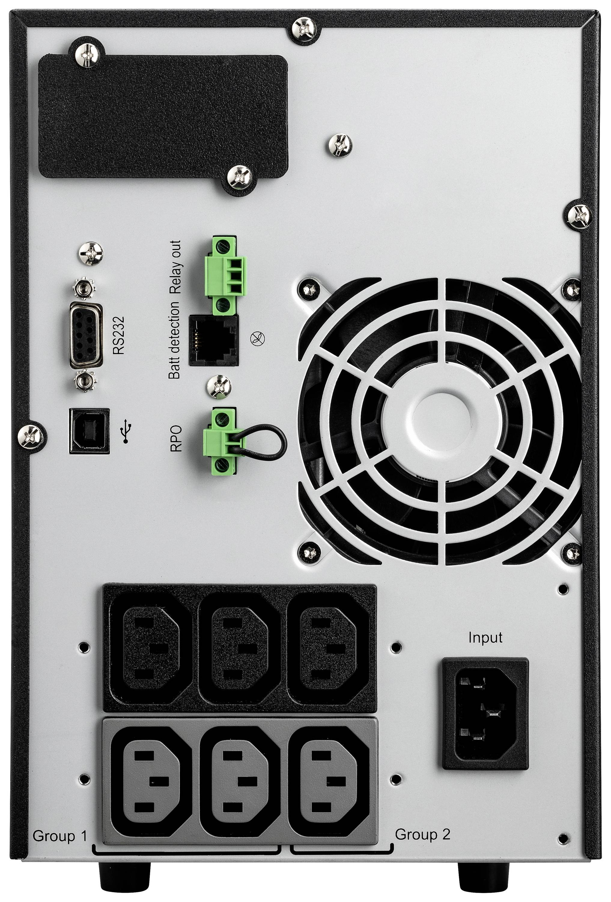 Rückseite eines USV-Geräts mit mehreren Steckdosen, USB- und RS-232-Anschlüssen, Lüfter und Batterieanschluss. Kennzeichnung für Gruppenanschlüsse.