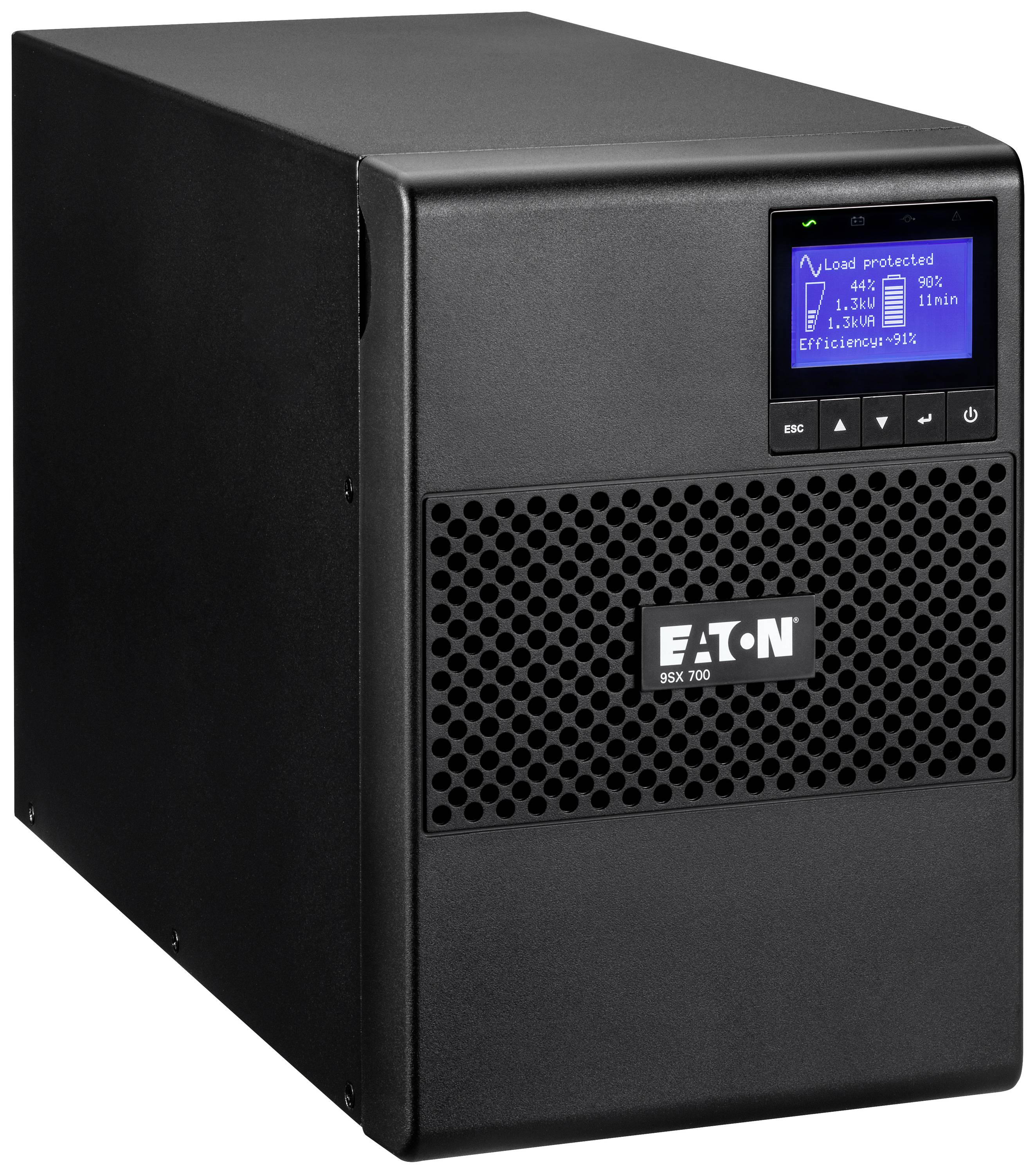 USV-Gerät mit Display zeigt Informationen wie 'Last geschützt', Spannung, Frequenz und Effizienz. Marke auf Vorderseite sichtbar.