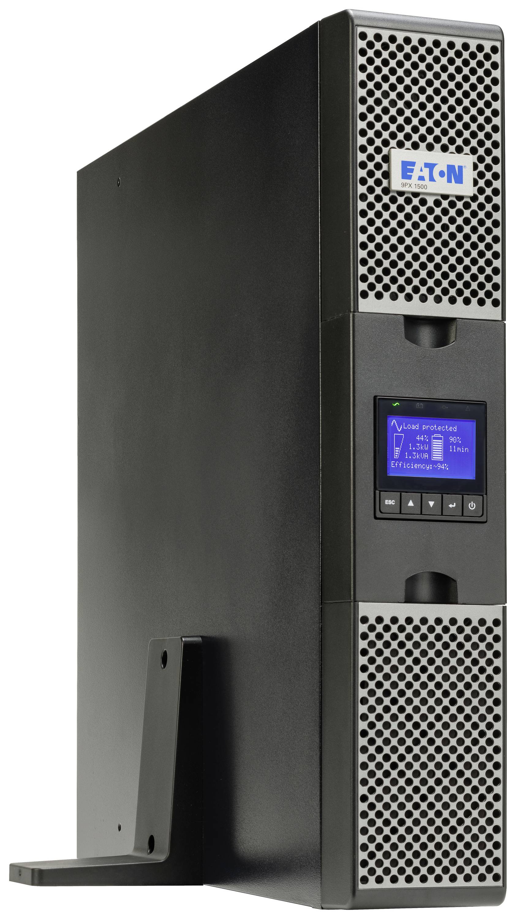 Schwarzes Rackmount-USV-Gerät mit Markenlogo und digitalem Display. Verwendet zur Sicherstellung der Stromversorgung bei Ausfällen.