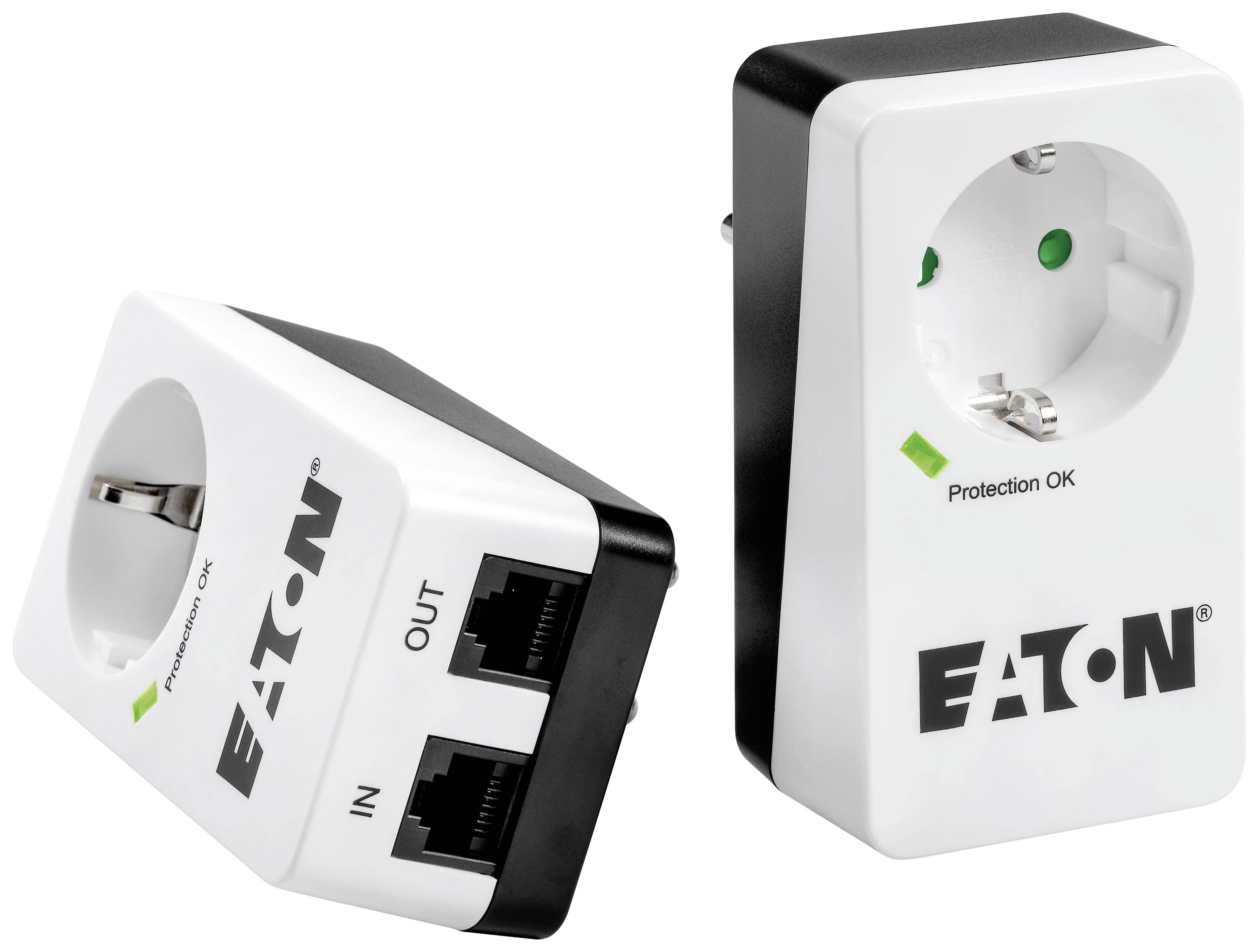 Zwei Schutzsteckdosenadapter von Eaton, einer zeigt die Anschlüsse 'IN' und 'OUT', der andere die Vorderseite mit der Aufschrift 'Protection OK'.