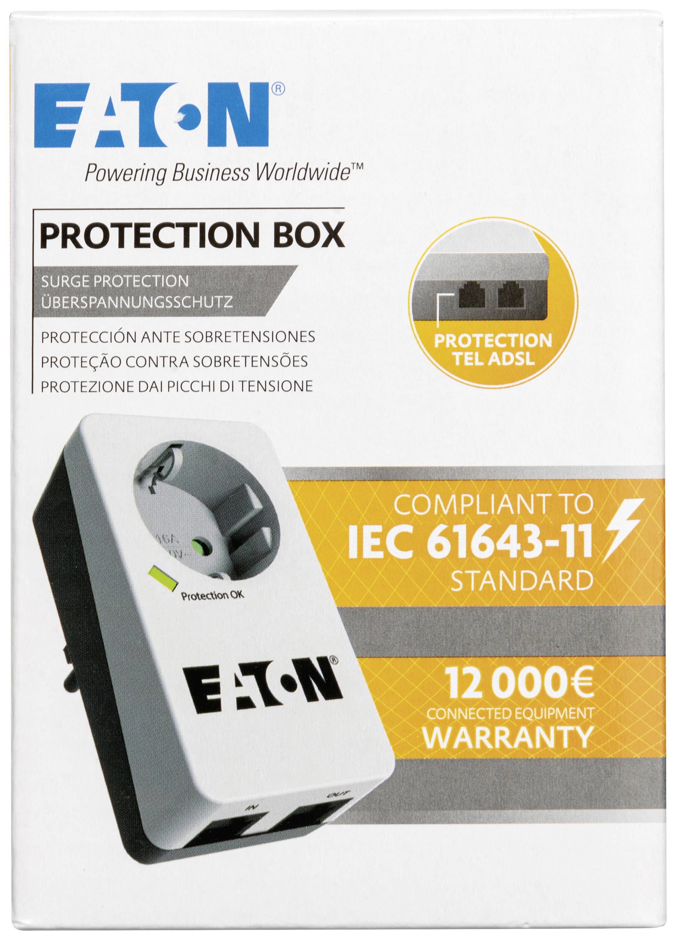 Schutzbox für Überspannungsschutz mit TAE- und DSL-Anschluss. Entspricht IEC 61643-11 Standard. Garantie für Geräte bis zu 12.000 EUR.