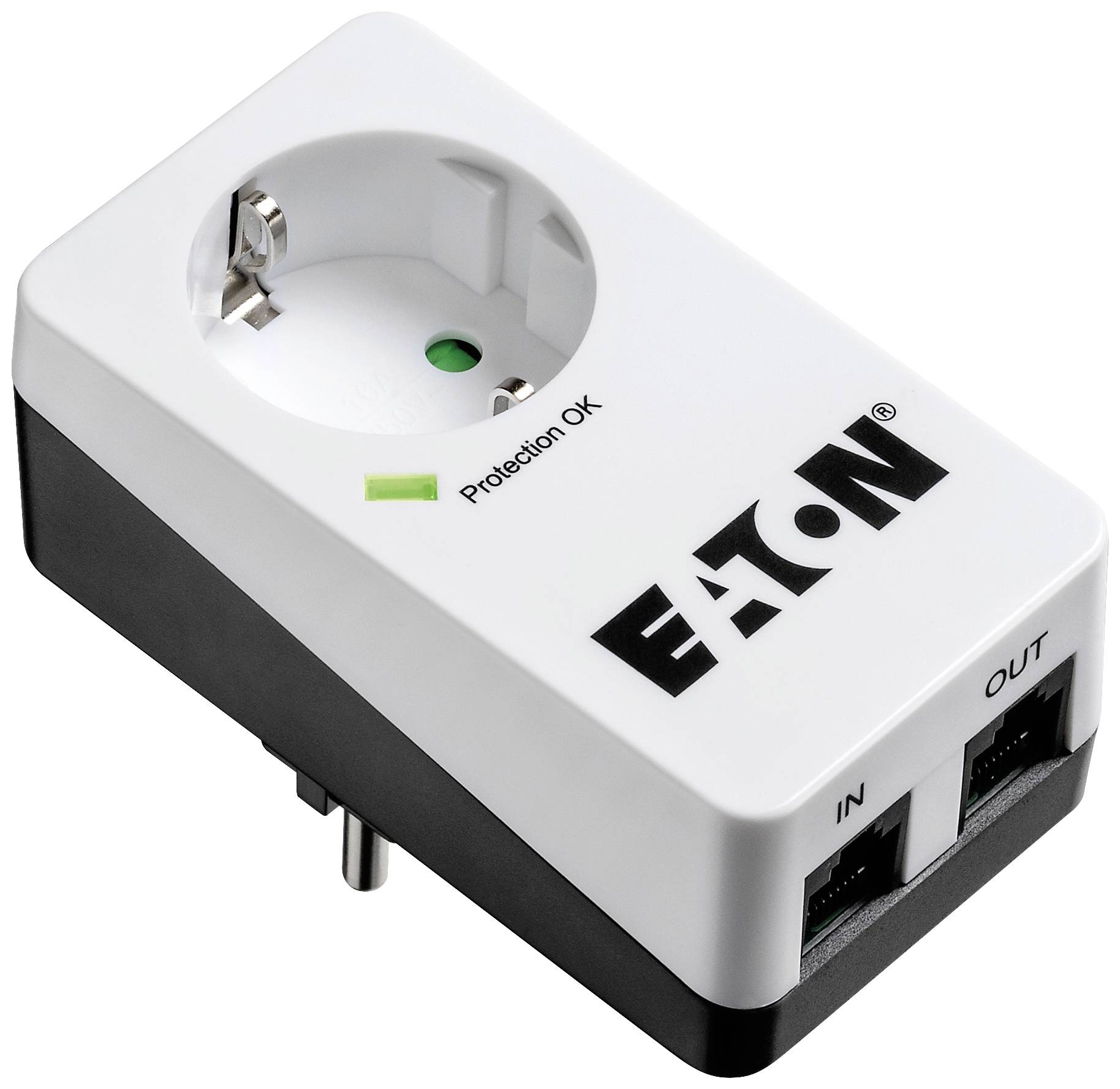 Ein weißer Überspannungsschutzadapter mit der Aufschrift 'Protection OK' von Eaton, zeigt einen Steckplatz und zwei Netzwerkanschlüsse.
