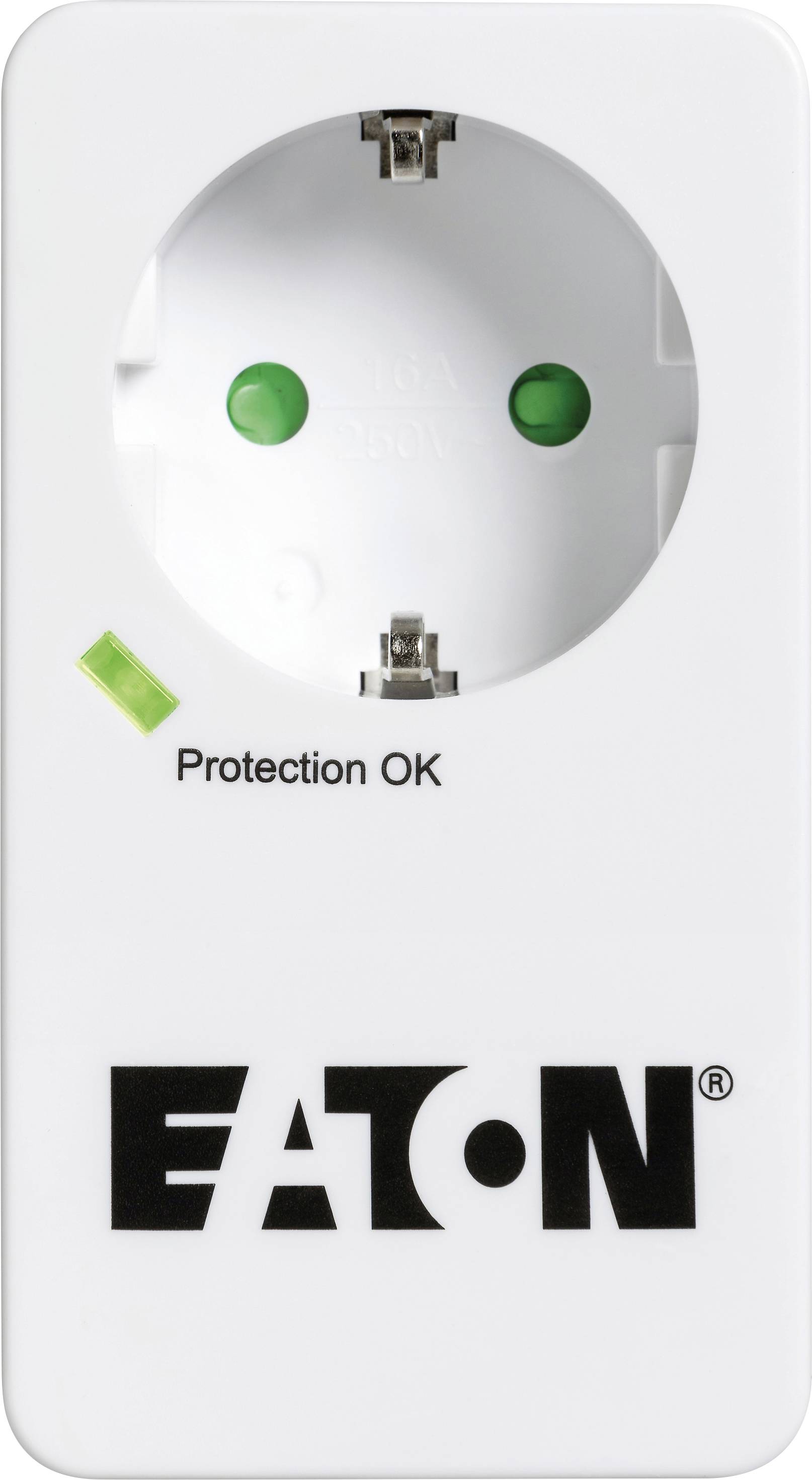 Schutzkontaktsteckdose mit grünen Anzeigen und Beschriftung 'Protection OK', darunter das Logo und der Name der Marke Eaton.