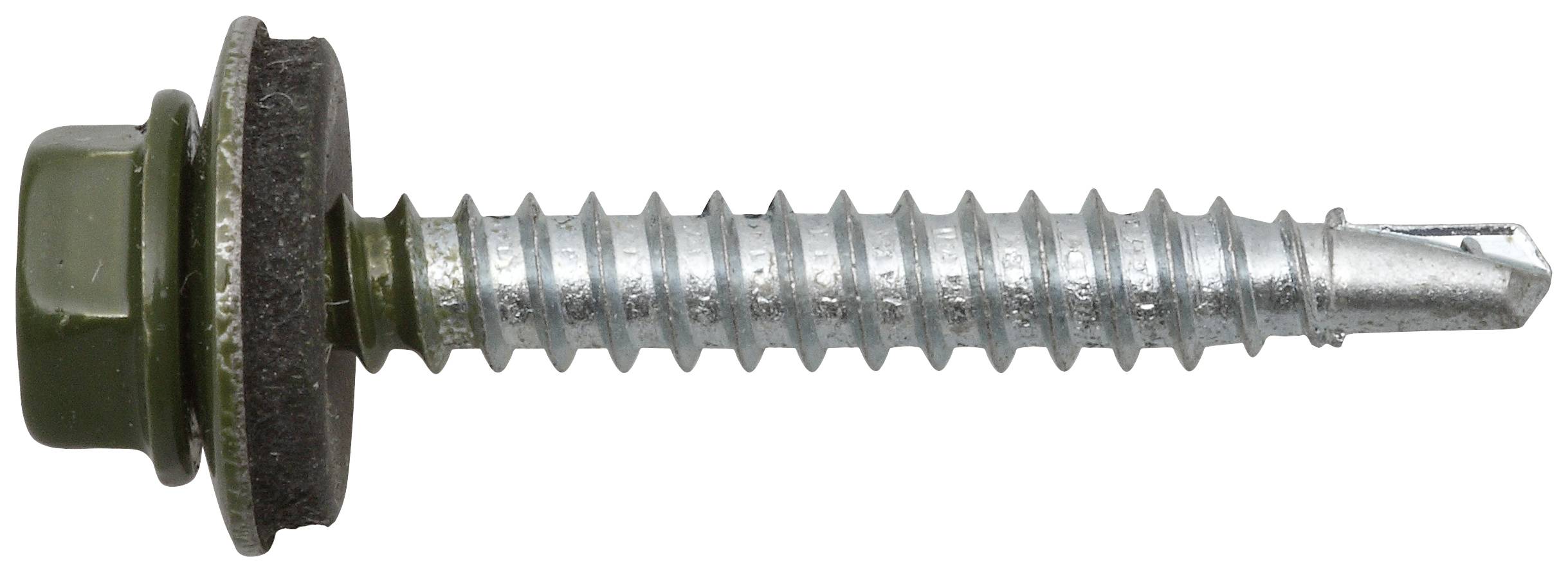 Metallschraube mit Unterlegscheibe und sechseckigem Kopf, seitlich liegend.