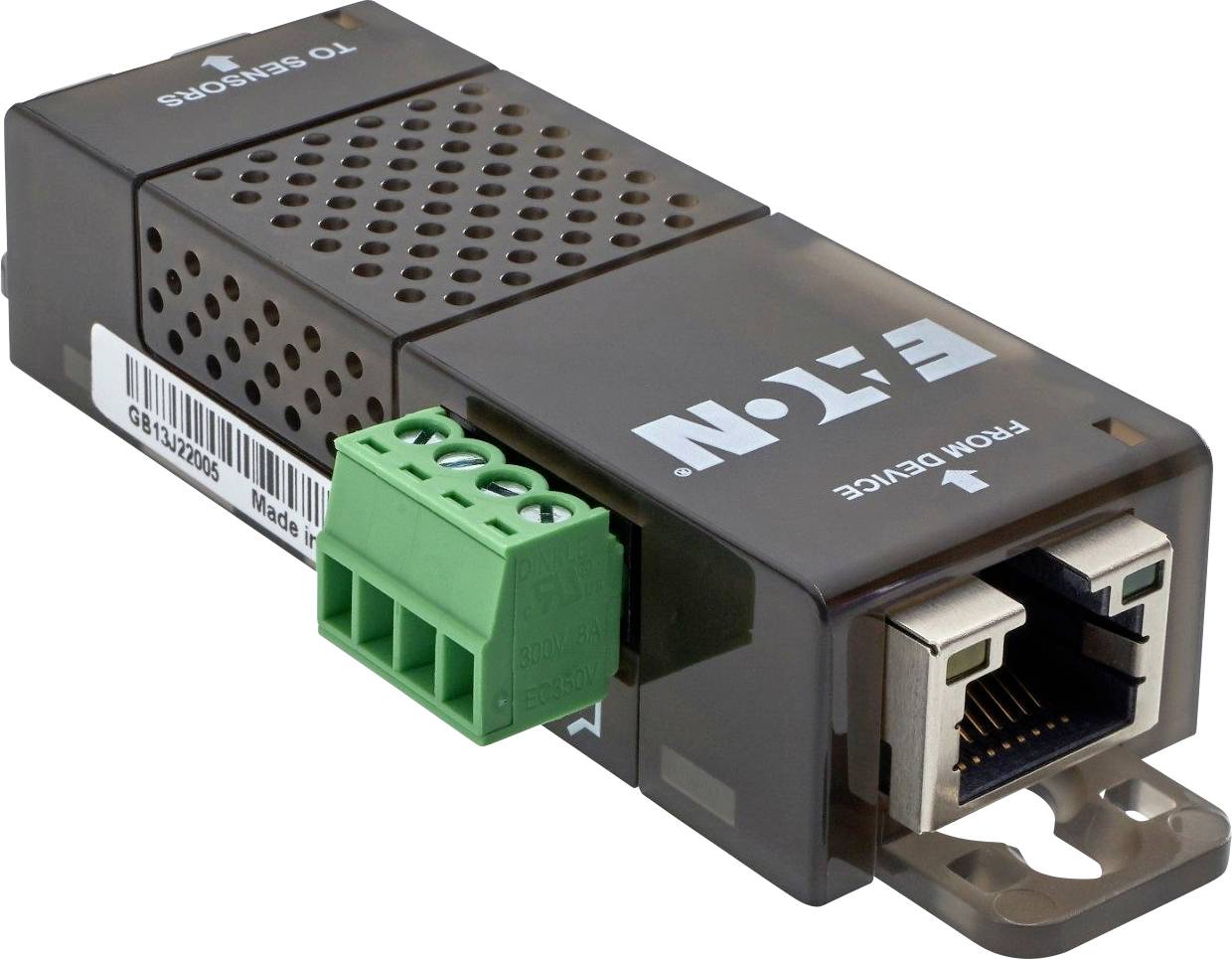 Ein Ethernet-Modul mit Anschlüssen für Sensoren und Geräteverbindung. Markierungen zeigen die Richtung zu Sensoren und Geräten an.