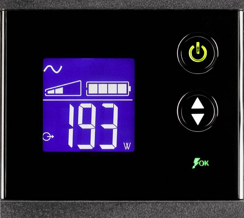 Digitalanzeige eines Geräts zeigt 193 Watt an. Symbole für Leistungseinstellung und Akkustatus sind erkennbar.