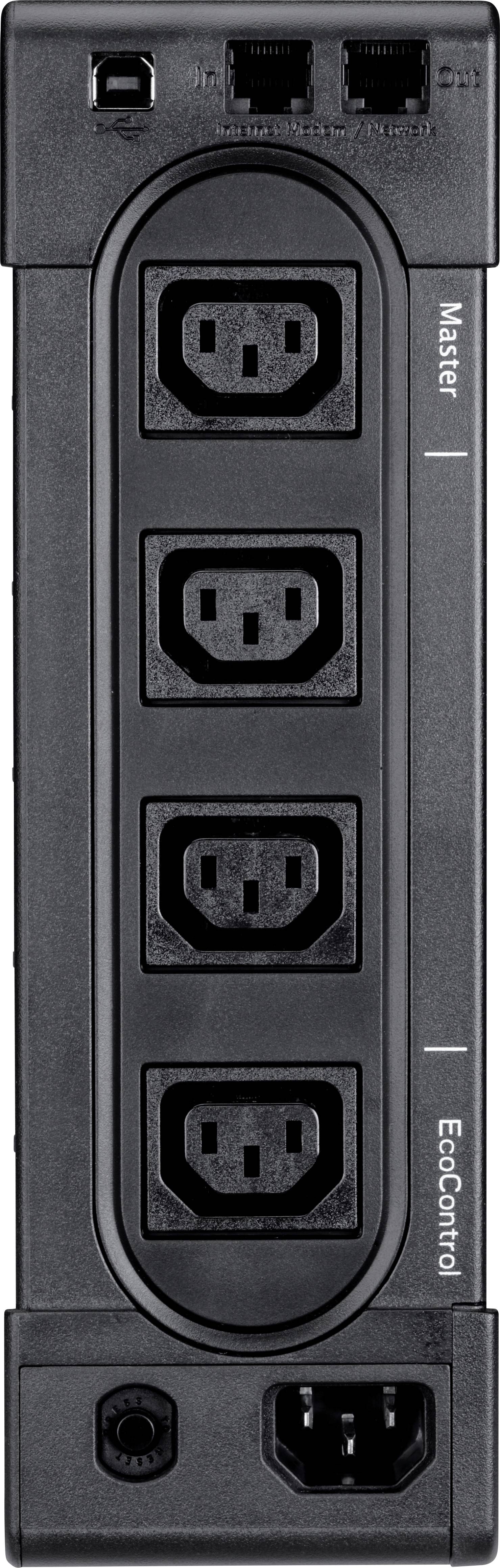 Mehrfachsteckdose mit fünf Steckplätzen. Oben Anschluss für Netzwerk oder Telefon. Unten Netzanschluss und Schalter für EcoControl.