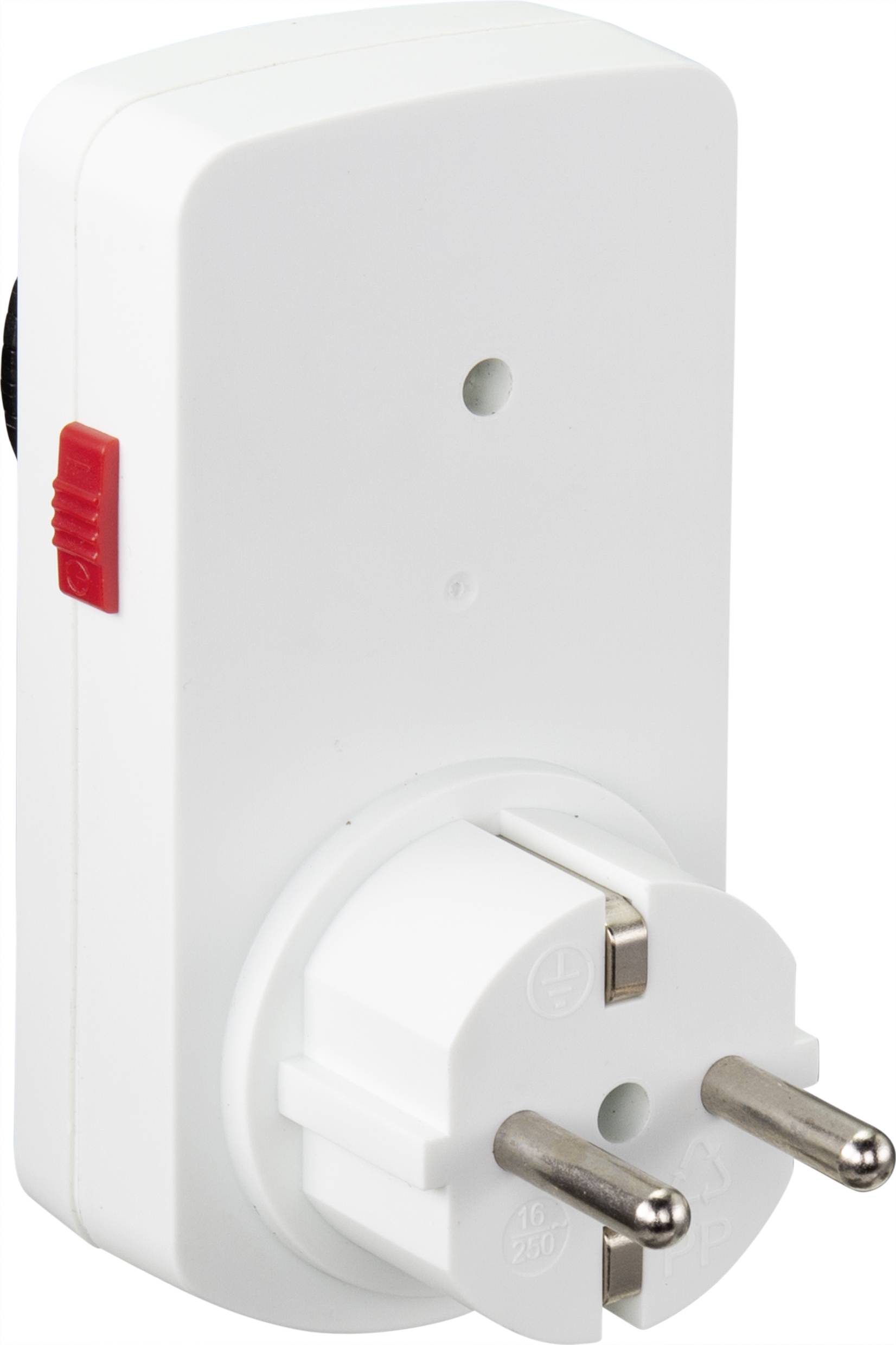 Ein weißer Reiseadapter mit Eurostecker, geeignet für europäische Steckdosen. Hat einen roten Schiebeschalter an der Seite.