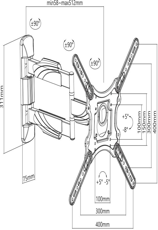 Wandhalterung für Fernseher, verstellbar: Höhen von 100mm bis 400mm, Neigung von ±5°, Schwenkbereich ±90°, Tiefe min 58mm bis max 512mm.