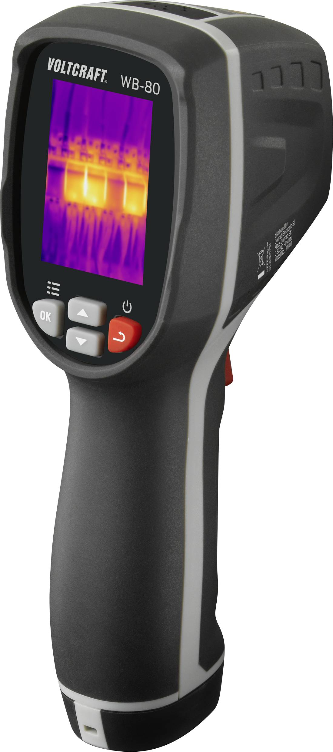 Ein Hand-Thermometer mit Display zeigt eine Wärmebildaufnahme in Rot- und Gelbtönen an. Mit Tasten für Bedienung unter dem Display.