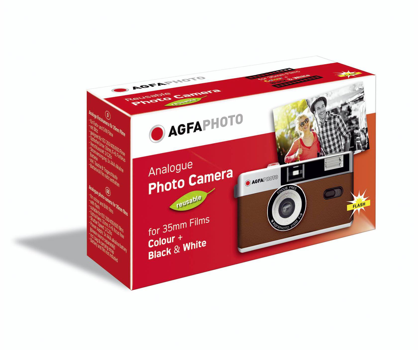 Verpackung einer analogen Foto-Kamera von AGFA, geeignet für 35mm-Filme in Farbe und Schwarz-Weiß. Bild zeigt Kamera und ein Foto.