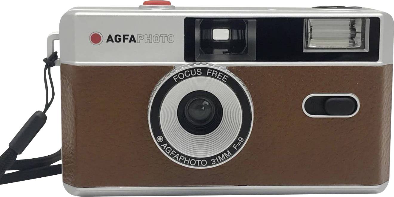 Eine braune Kompaktkamera der Marke AGFAPHOTO mit Blitz, Objektiv und Trageschlaufe.