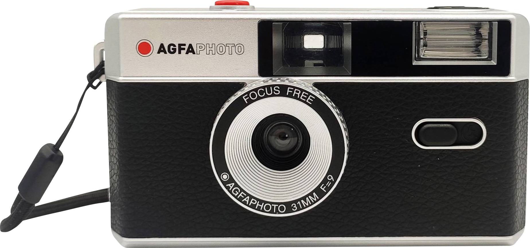 Eine klassische analoge Kamera mit der Aufschrift 'AGFAPHOTO', Objektiv mittig, Blitz oben rechts, Trageriemen links.