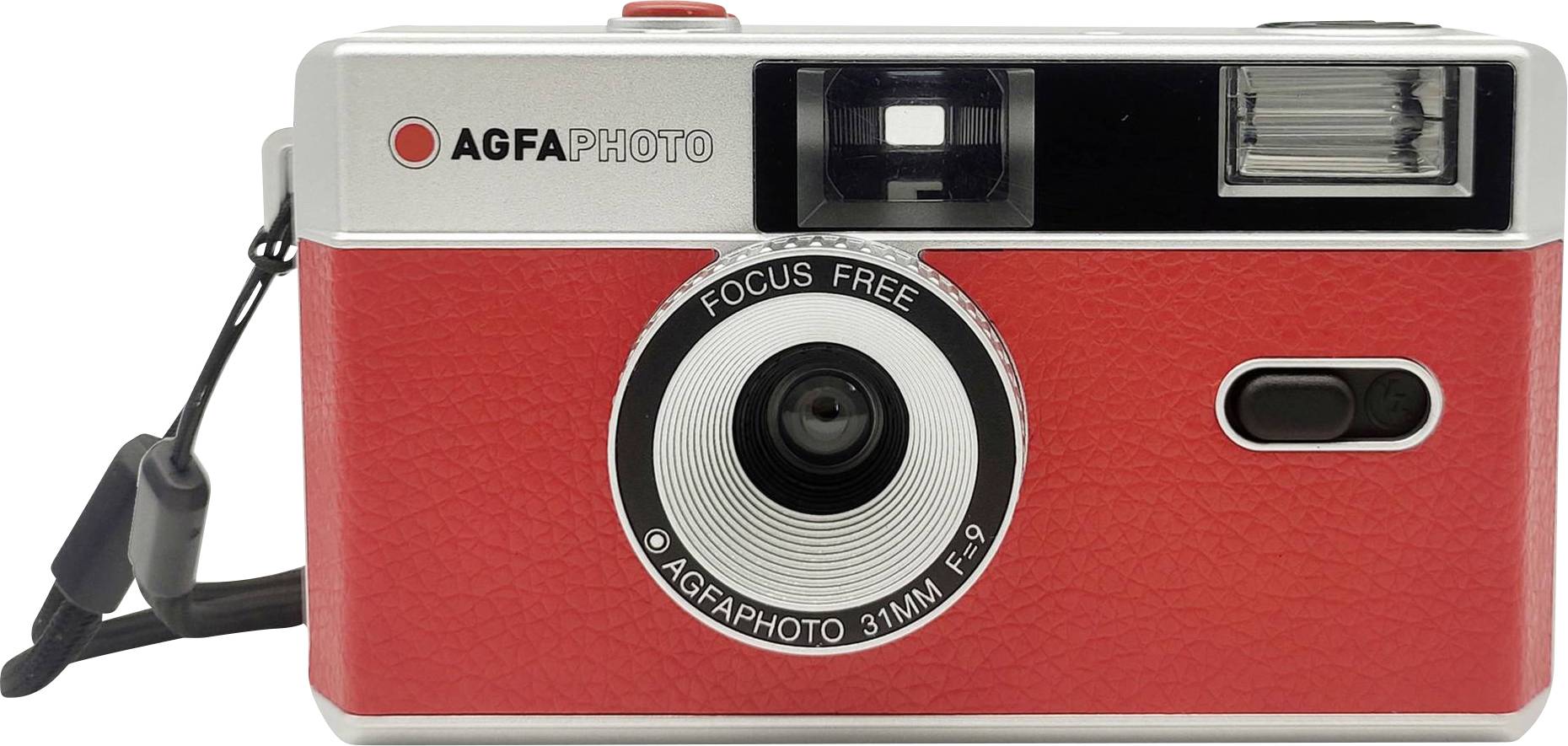 Rote AgfaPhoto Kompaktkamera mit Blitz und Trageschlaufe.