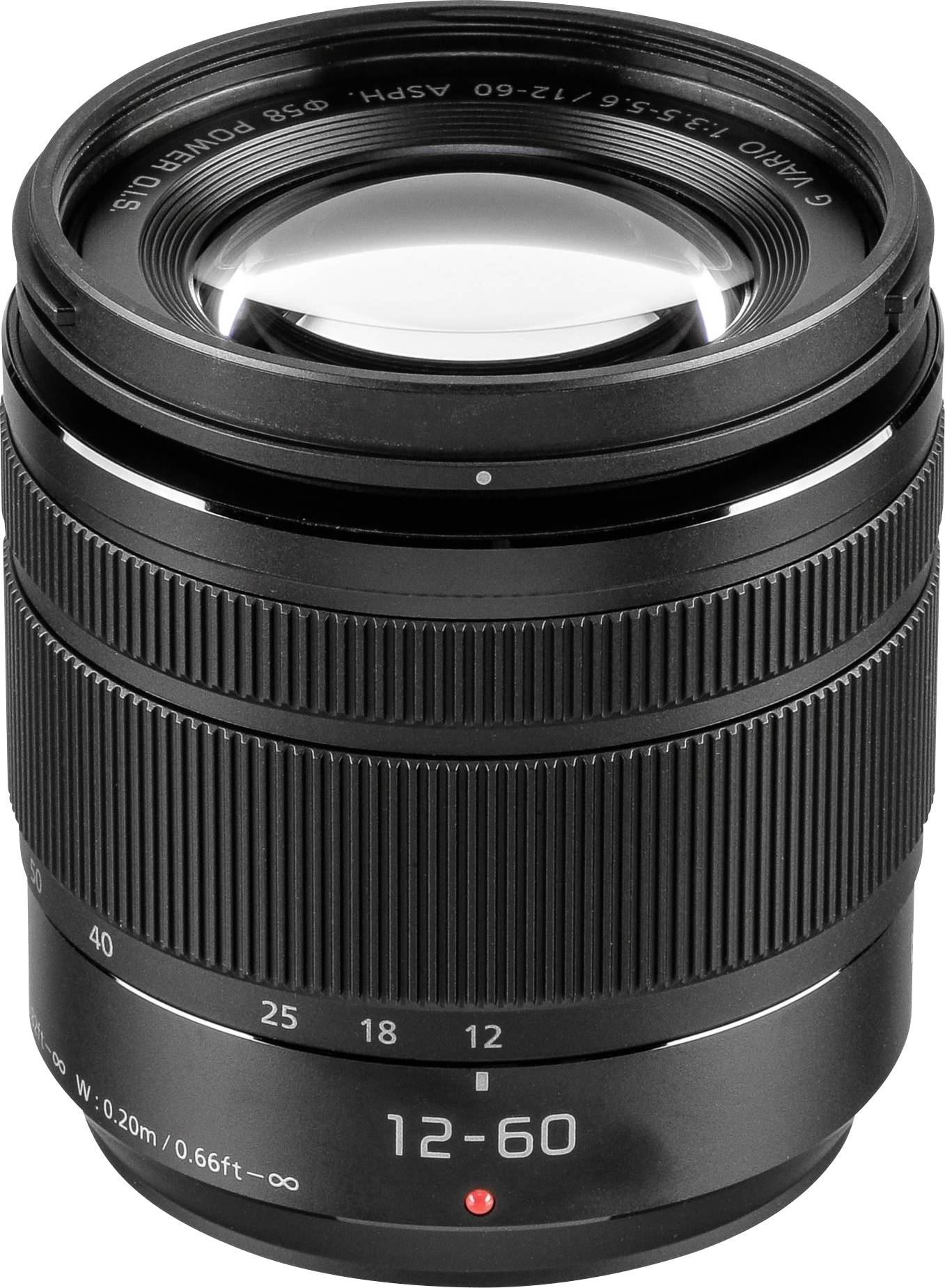 Schwarzes Kameraobjektiv mit Fokus- und Zoomring. Markierungen zeigen Brennweiten von 12-60mm. Geeignet für verschiedene Fotoaufnahmen.