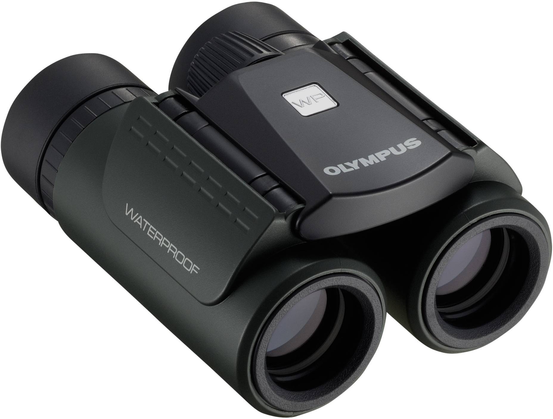 Fernglas von Olympus mit der Aufschrift 'Waterproof' auf der Seite, geeignet für den Einsatz in feuchten Umgebungen.