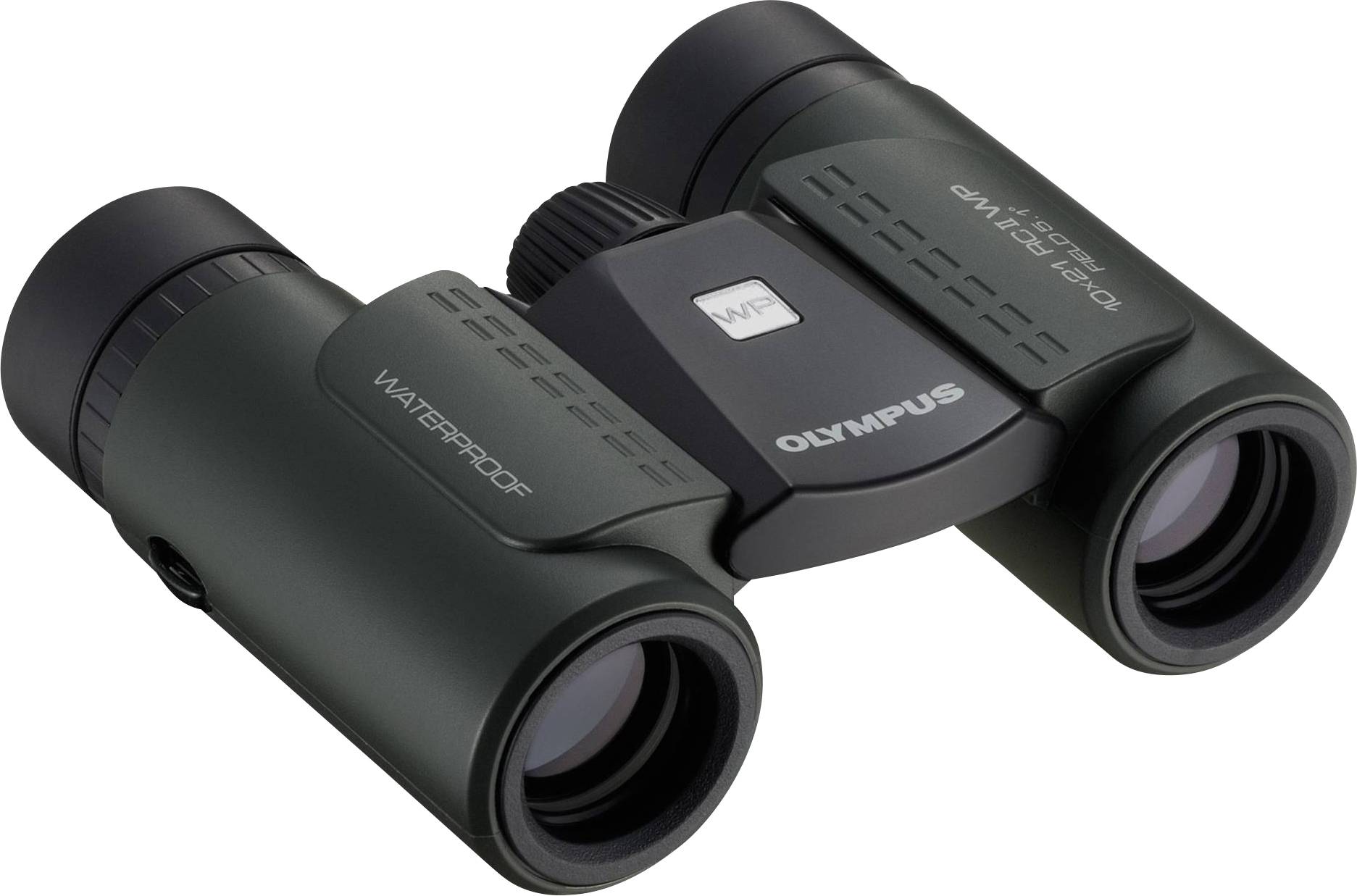 Fernglas mit schwarzem und grauem Gehäuse. Markierung 'WATERPROOF' und 'OLYMPUS'. Eignung für Outdoor-Aktivitäten.