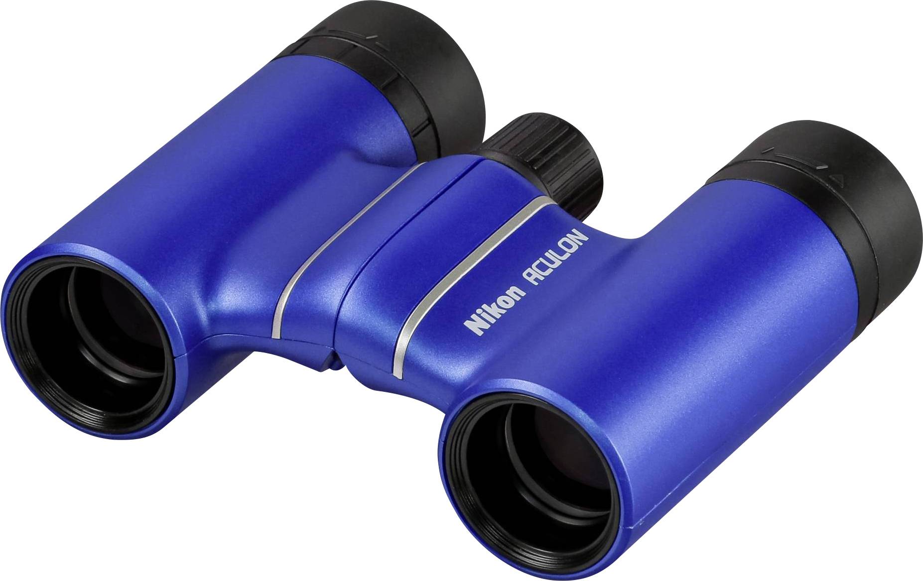 Ein blaues Fernglas, Aufschrift 'Nikon Aculon', liegt auf einer flachen Oberfläche.