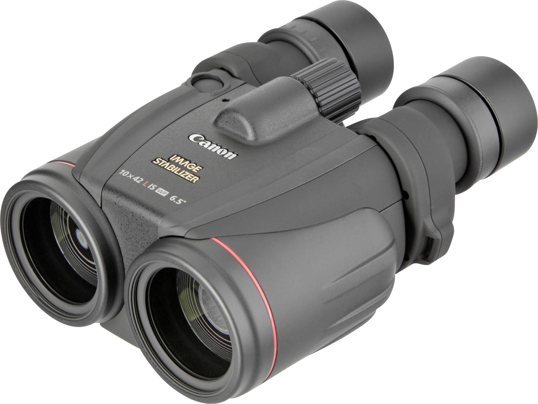 Fernglas mit Image-Stabilizer-Technologie, schwarze Farbe, auf weißem Hintergrund dargestellt. Geeignet für Outdoor-Aktivitäten.