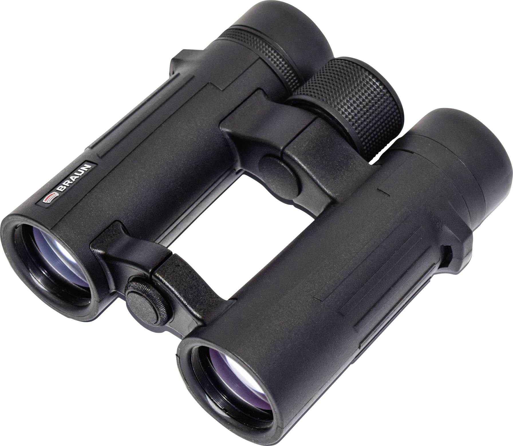 Schwarzes Fernglas mit markantem Design, zwei großen Linsen und griffigen Drehknöpfen für den Fokus.